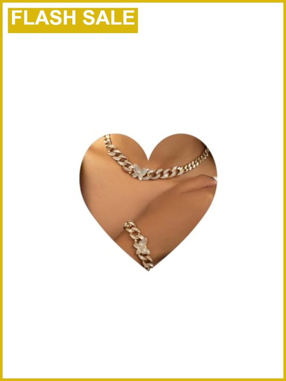 Gold Plated Cuban Link Necklace Bracelet Set with Crystal Butterfly
